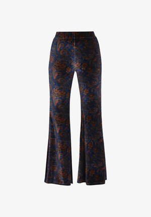 Flared pants made of soft fabric in deep blue with intricate paisley and floral patterns in orange and cream tones. Elastic waistband detail.