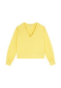 Maglione giallo a V con maniche lunghe e polsini a costine. Presenta un design corto e una texture liscia. Nessun motivo o decorazione.