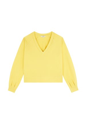 Jersey amarillo con escote en V, de mangas largas y puños acanalados. Presenta un diseño corto y una textura suave. Sin patrones ni adornos.