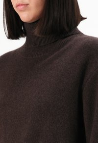 Femme portant un pull col roulé fuzzy marron foncé, avec des cheveux sombres droit jusqu'aux épaules, vue de nez vers le bas.