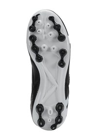 Sole di scarpa da calcio nera con rifiniture bianche. Presenta diversi tacchetti neri e bianchi. Superficie testurizzata con dettagli di design lungo il bordo.