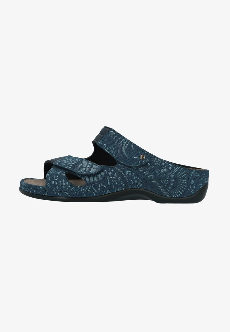 Dark blue slide sandals featuring a textured, floral pattern, open toe and heel, with a cushioned footbed and a flexible black outsole.