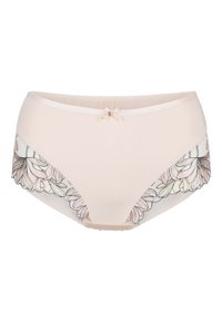 Beige high-waisted panties featuring floral embroidery on the sides, a soft elastic waistband, and a small decorative bow at the front.