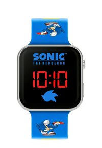 Orologio di Sonic the Hedgehog con cinturino in silicone blu. Il quadrante mostra uno sfondo nero, numeri digitali rossi e un logo blu con la silhouette di Sonic.