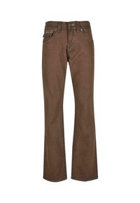 Pantalones vaqueros acampanados marrones hechos de un tejido duradero, con costuras en contraste, un bolsillo frontal y un diseño clásico de cinco bolsillos.
