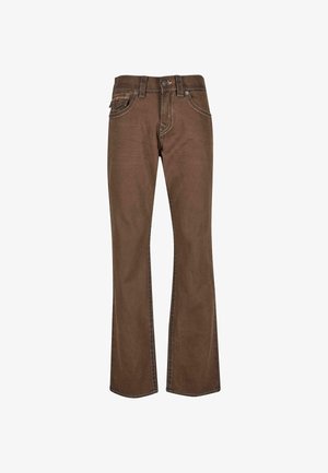 Pruunid laiad teksad, mis on valmistatud vastupidavast kangast, kontrastsete õmblustega, eesmine tasku ja klassikaline viie tasku disain.