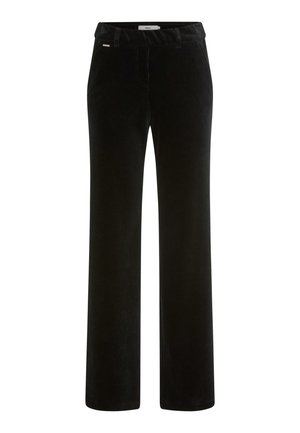 Schwarze Cord-Hose mit geradem Bein Design, weichem Material, elastischem Bund und kleinen metallischen Akzenten.
