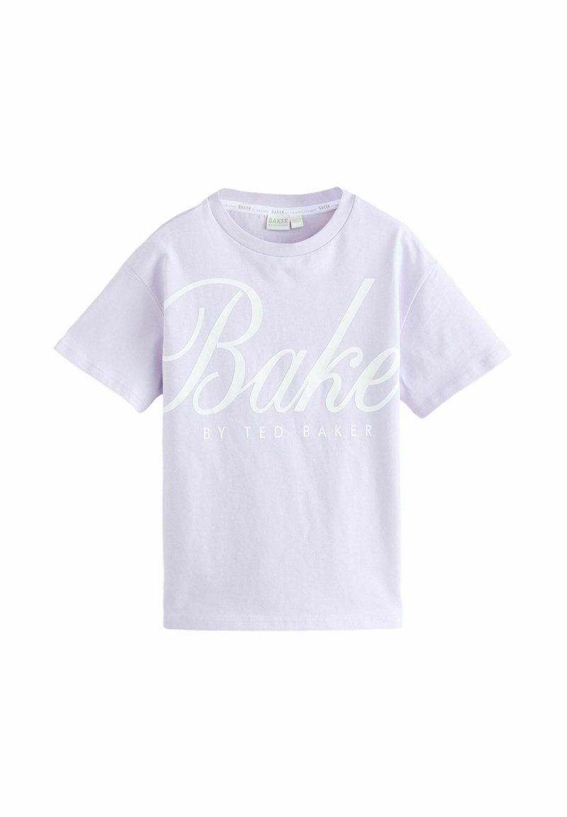 Levanduľové bavlnené tričko s krátkymi rukávmi, ktoré má na prednej strane výrazný biely grafický nápis "Bake by Ted Baker."