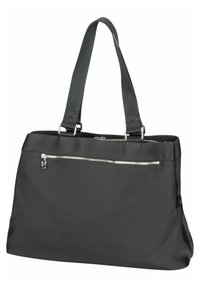 Sac fourre-tout noir en matière synthétique texturée, doté de deux poignées solides, d'une poche zippée argentée sur le devant et d'un intérieur spacieux.