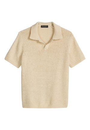 Μπεζ πλεκτό πόλο με κοντά μανίκια, γιακά που διπλώνει, ριμπ μανσέτες και σχισμένο ντεκολτέ από την Marc O'Polo.