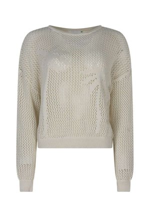 Pull en maille couleur crème avec motif en maille ajourée, manches longues, col rond, et poignets et ourlet côtelés.