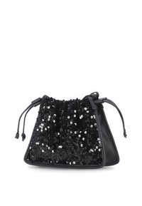 Borsa a sacco nera con paillettes, dal tocco morbido, caratterizzata da una base strutturata e cordini neri regolabili per la chiusura.