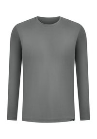 Graues langärmliges T-Shirt aus glattem, leichtem Stoff. Mit Rundhalsausschnitt und geradem Saum, sowie Ziernähten entlang der Ärmel.