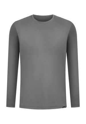 Graues langärmliges T-Shirt aus glattem, leichtem Stoff. Mit Rundhalsausschnitt und geradem Saum, sowie Ziernähten entlang der Ärmel.