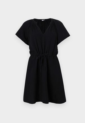 Black dress with short sleeves, V-neckline, elastic waist with drawstring, and flowy A-line skirt. Made from lightweight fabric.