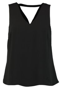 Haut noir sans manches avec un col en V et un dos découpé. Confectionné en tissu lisse, il présente une coupe décontractée et un ourlet légèrement incurvé.
