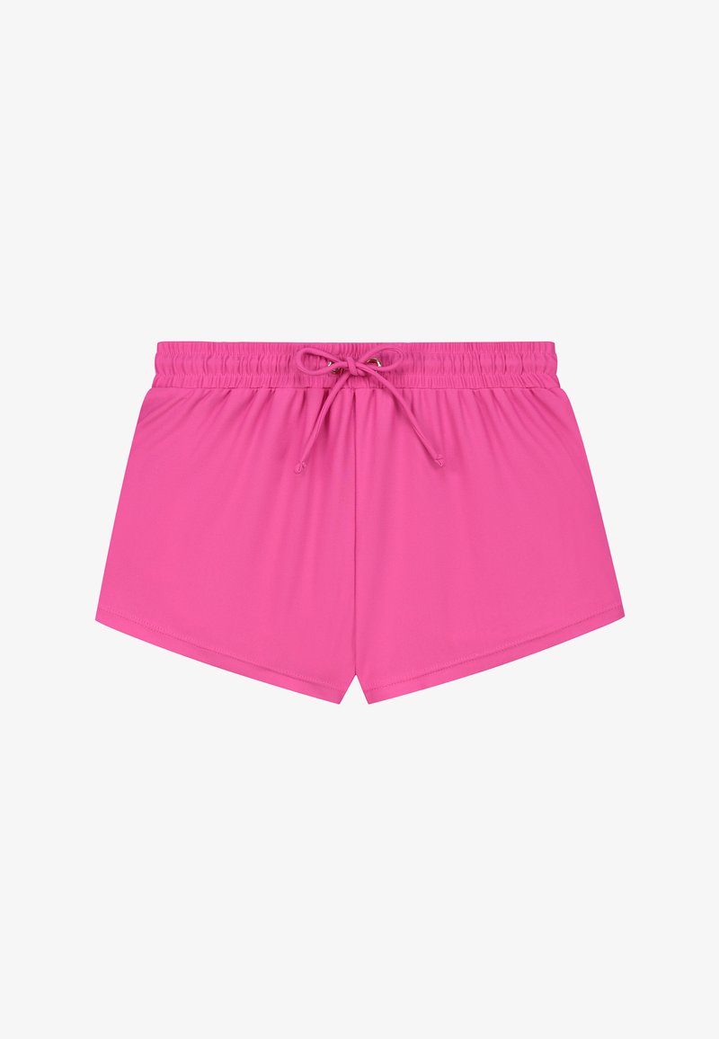 Pink shorts with an elastic waistband and drawstring. Smooth texture, simple design, and straight hem. Suitable for casual wear.