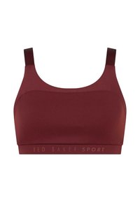 Bordó sportovní podprsenka s hladkým povrchem, širokými ramínky a logem na elastickém pasu s textem "TED BAKER SPORT" v kontrastní barvě.
