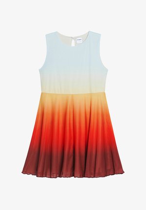 A sleeveless dress with a round neckline, featuring a gradient from light blue at the top to deep orange at the hem, made of soft fabric.