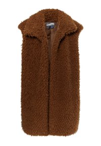 Brun, fluffy ærmeløs vest lavet af struktureret stof, med høj krave og åben frontdesign. Blødt, varmt materiale. Ingen fastgøringer synlige.