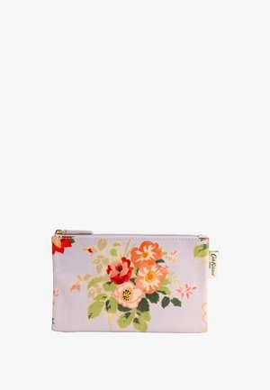 Rektangulær lavendelfarvet stofpose med en gylden lynlås, prydet med farverigt blomsterprint og en lille beige mærkat i siden.