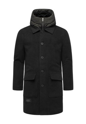 Black coat with a puffy, dark gray hood. Features a button front, two flap pockets, and a logo label on the lower front. Made of soft fabric.