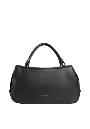 Borsa a mano in pelle nera con manici corti e lettering del logo dorato "COCCINELLE" al centro davanti.