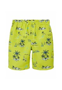 Bañador verde lima con estampado tropical que presenta palmeras, veleros y acentos de texto. Cintura elástica con cordón.