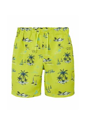 Bañador verde lima con estampado tropical que presenta palmeras, veleros y acentos de texto. Cintura elástica con cordón.