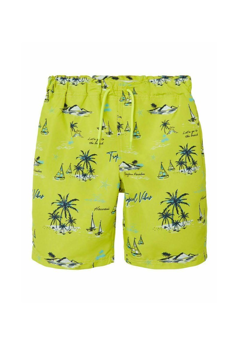 Bañador verde lima con estampado tropical que presenta palmeras, veleros y acentos de texto. Cintura elástica con cordón.