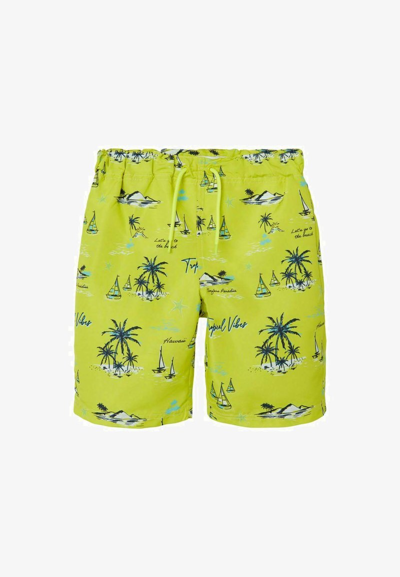 Bañador verde lima con estampado tropical que presenta palmeras, veleros y acentos de texto. Cintura elástica con cordón.