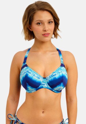 Blauer Batik-Bikini-Oberteil mit Unterbrustbügel, verstellbaren Trägern und glatter Textur mit lebendigen Mustern.