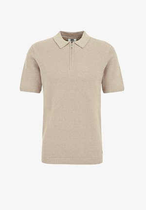Polo shirt beige avec un tissu tricoté texturé, manches courtes et col zippé. Dispose de poignets et d'un ourlet côtelés pour un look ajusté.