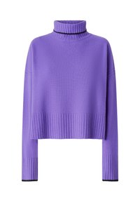 Maglione a collo alto viola realizzato in morbido tessuto a maglia, con un design cropped, polsini a coste e una striscia nera a contrasto sul colletto.