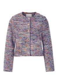 Mehrfarbige Tweedjacke in Blau-, Lila- und Orangetönen. Mit rundem Ausschnitt, goldenen Knöpfen und zwei aufgesetzten Taschen.