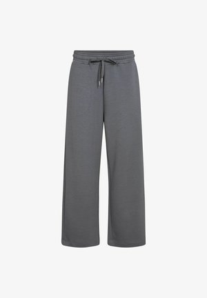 Pantaloni della tuta a gamba larga in grigio melange, realizzati in tessuto morbido. Presentano una vita elastica con cordino e nessun motivo o dettaglio visibile.