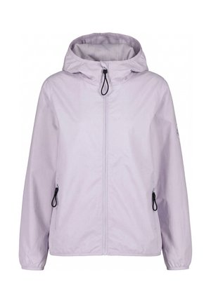 Hellviolette Kapuzenjacke mit durchgehendem Reißverschluss vorne, elastischen Bündchen und seitlichen Reißverschlusstaschen mit schwarzen Zippern.