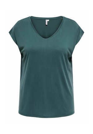 Teal V-neck t-shirt with short sleeves, made of soft fabric. Features a loose fit and straight hem for casual wear. No patterns or hardware.