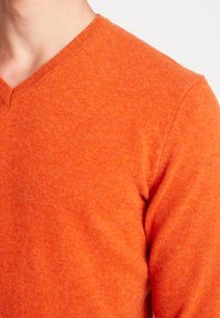 V-ringad orange tröja i strukturerad tyg, med långa ärmar och en figurnära design. Inga synliga mönster eller hårdvarudetaljer.