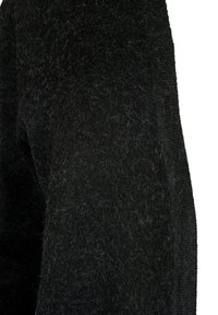 Schwarzer Strickstoff mit einer weichen, strukturierten Oberfläche und feinen, gewellten Fasern. Verfügt über einen gerippten Rand für zusätzliche Stabilität.