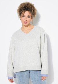 Sudadera gris claro con escote en V, mangas largas y puños a rayas azul y blanca. Cuenta con un corte relajado y una textura suave.