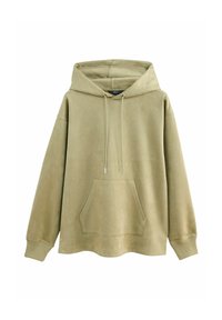Beżowy hoodie wykonany z miękkiej, teksturowanej tkaniny. Posiada kieszeń typu kangur oraz kaptur ze sznurkiem zakończonym srebrnymi końcówkami. Luźny krój i ściągacze przy mankietach.
