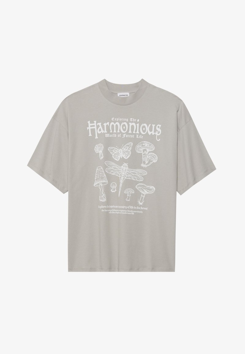 Grey short-sleeve t-shirt made of cotton, featuring white forest-themed graphics including a butterfly, mushrooms, and text.