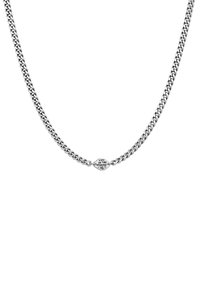 Silver chain necklace featuring alternating links, a central engraved disc with "LIVE IN THE MOMENT," and a polished finish.