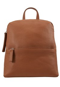 Sac à dos en cuir marron avec une surface texturée, doté d'une poignée supérieure et d'une poche zippée à l'avant. Design minimaliste sans matériel visible.