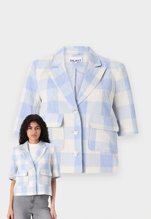 Short-sleeved, checked blazer in light blue and white. Textured fabric, two front pockets, button closure, and a relaxed fit.