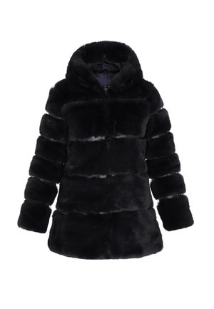 Zwarte faux fur jas met een capuchon, voorzien van een gewatteerd patroon, lange mouwen en een sluiting aan de voorkant. Zachte textuur en een egale kleur door het hele materiaal.