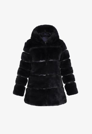 Černý kabát z umělé kožešiny s kapucí, se štepovaným vzorem, dlouhými rukávy a zapínáním vpředu. Měkká textura a rovnoměrná barva po celém povrchu.