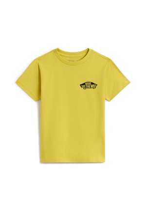 T-shirt jaune à manches courtes avec petit logo Vans "Off The Wall" noir sur la partie supérieure gauche de la poitrine.
