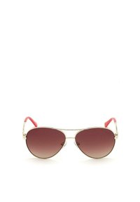 Gafas de sol con lentes marrones en degradé, marco metálico plateado y detalles en plástico rosa en las patillas. Forma clásica de aviador.
